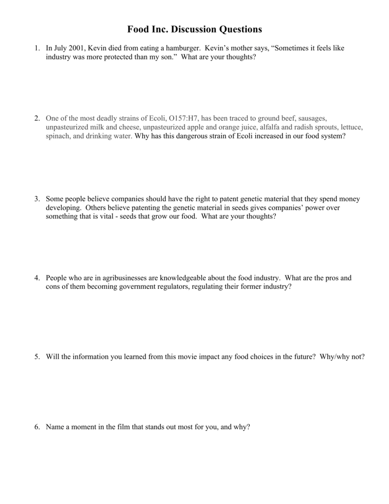 Fastest Food Choices Documentary Worksheet With Regard To Food Inc Movie Worksheet
