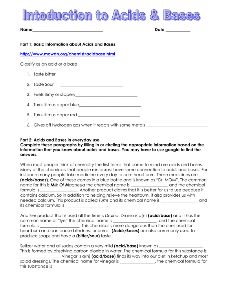 Intro to Acids & Bases Worksheet