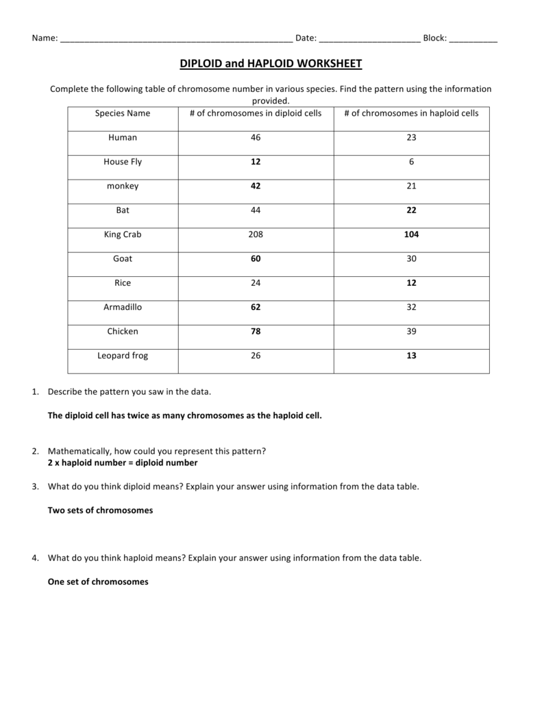Analyzing Data Calculating Haploid And Diploid Numbers Worksheet Answers
