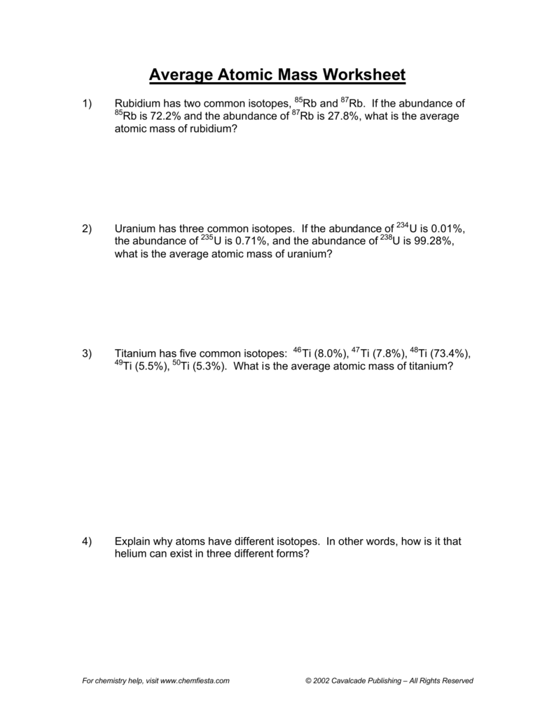 Isotopes And Average Atomic Mass Practice Worksheet Answers