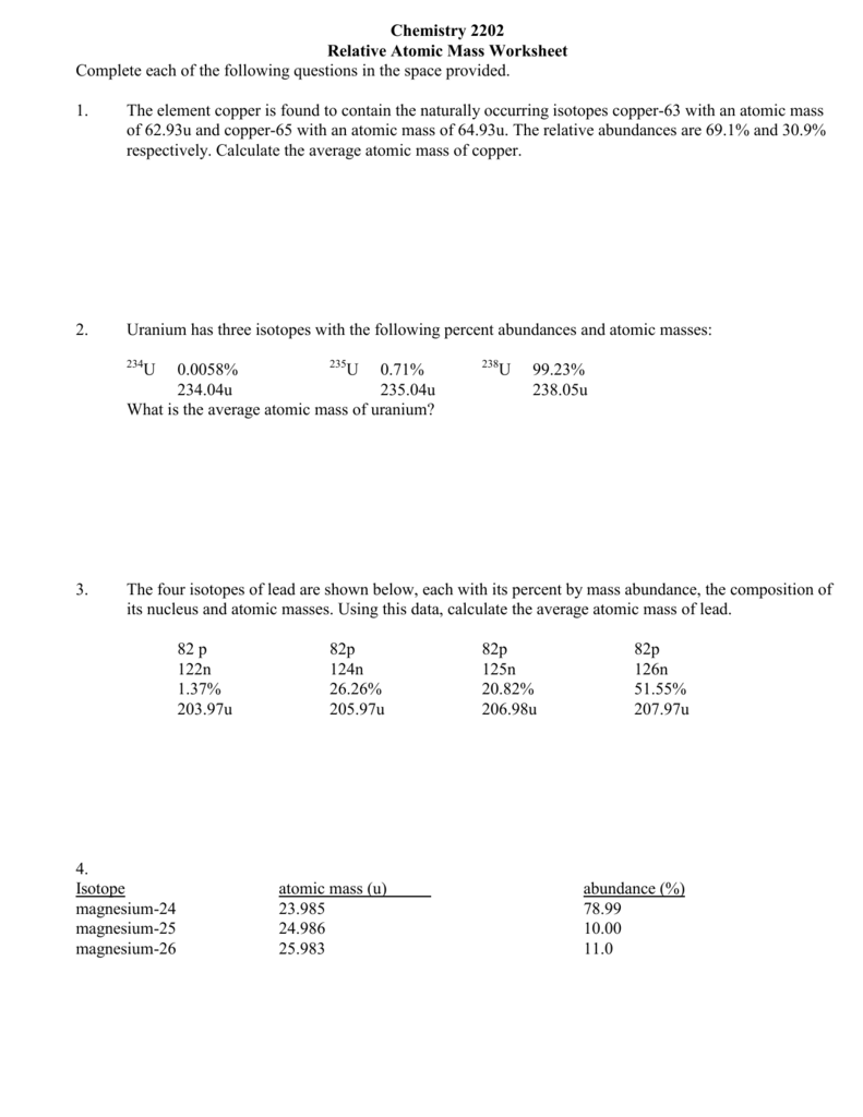 Chemistry 2202 Relative Atomic Mass Worksheet Complete Each Of