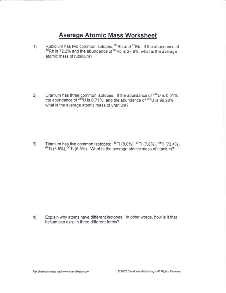 Average Atomic Mass Worksheet Throughout Average Atomic Mass Worksheet Answers