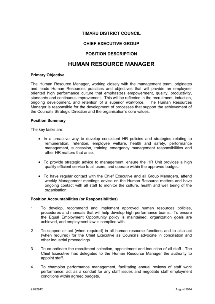 Job Description For Human Resource Manager