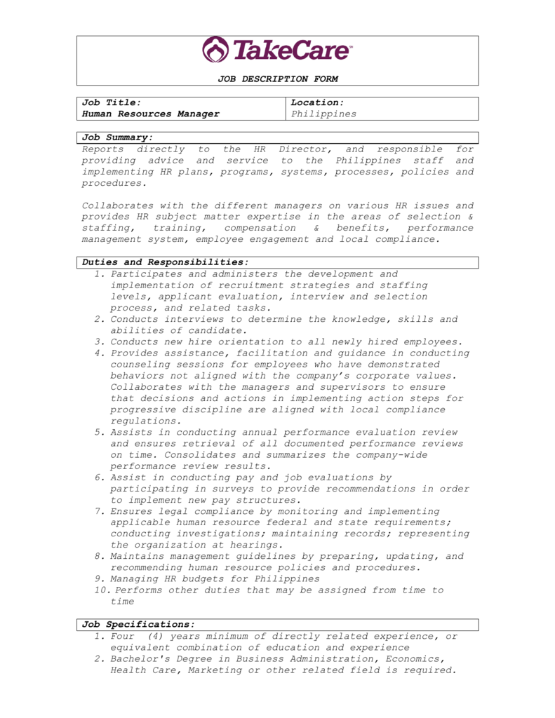 JOB DESCRIPTION FORM Job Title Human Resources Manager