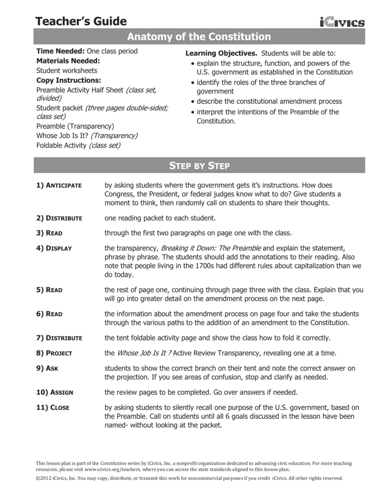 Anatomy of the Constitution For Anatomy Of The Constitution Worksheet