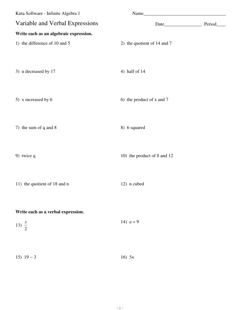 Variable and Verbal Expressions Regarding Variables And Expressions Worksheet Answers