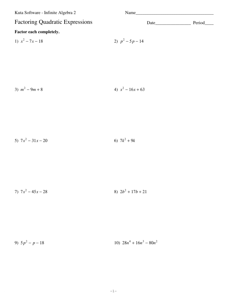 Factoring Quadratic Expressions Inside Algebra 2 Factoring Worksheet