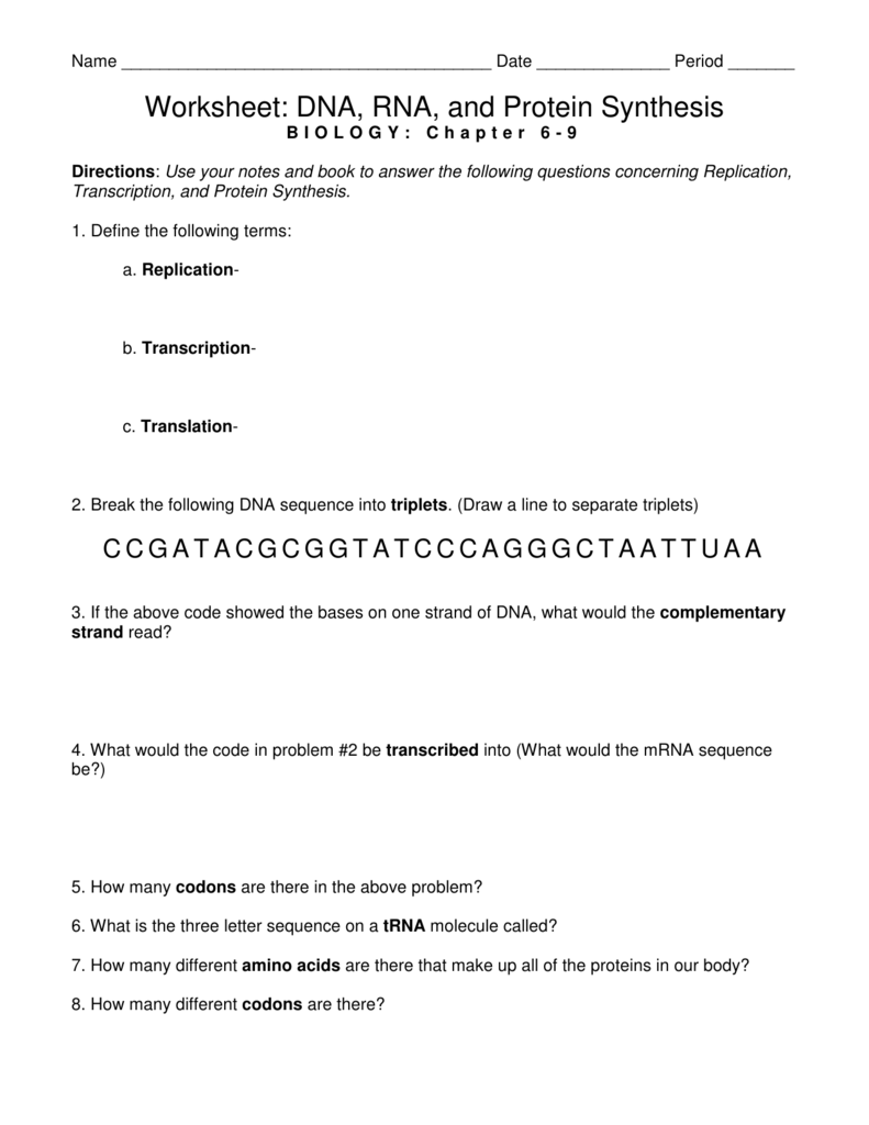 worksheet dna rna and protein synthesis biology chapter 6 9