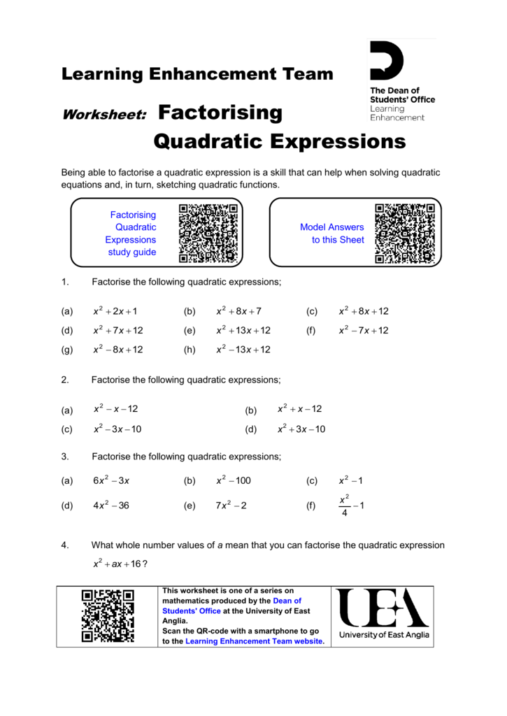 Factorising Quadratic Expressions Worksheet Portal