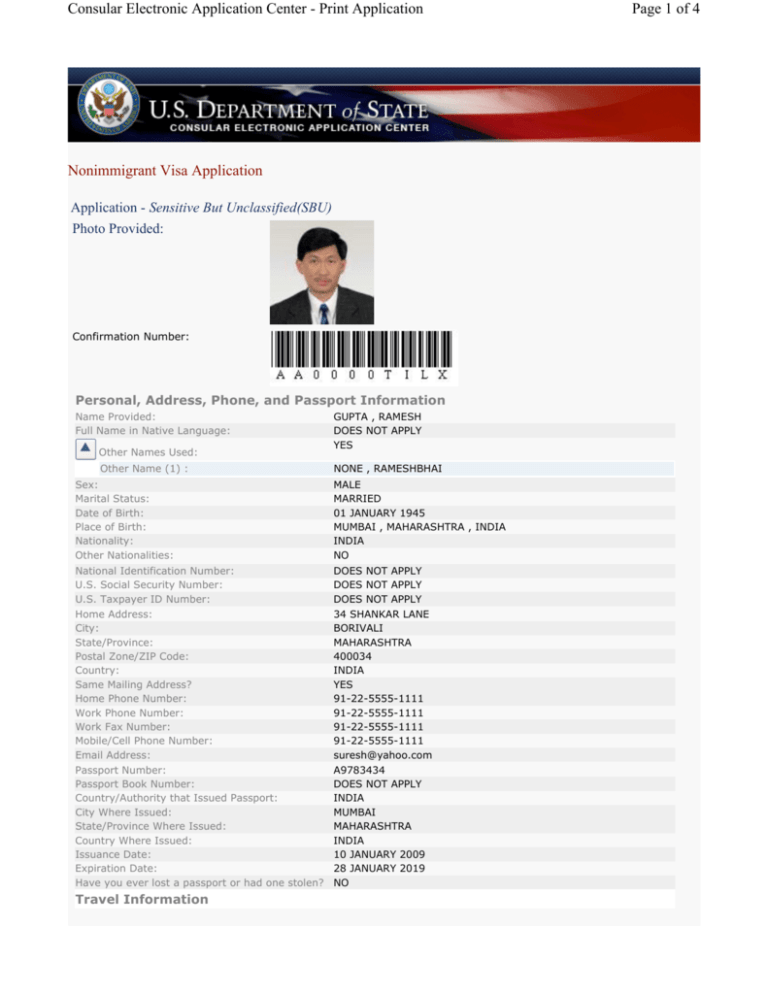 Sample DS 160 Form US Visa Application Form