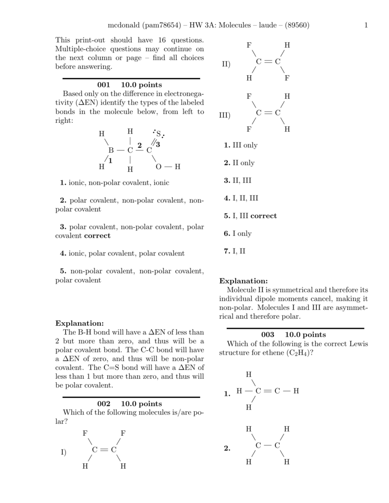 Worksheet 24A on Molecules Throughout Worksheet Polarity Of Bonds Answers