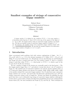 Smallest examples of strings of consecutive happy numbers