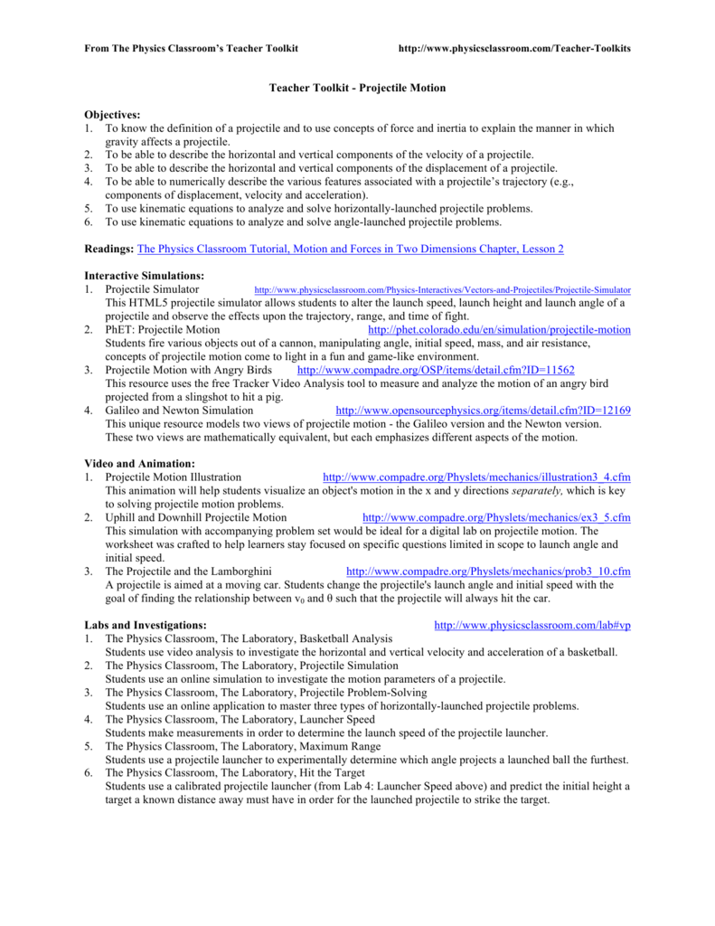 Teacher Toolkit - Projectile Motion Objectives: 25. To know the With Regard To Projectile Motion Worksheet Answers