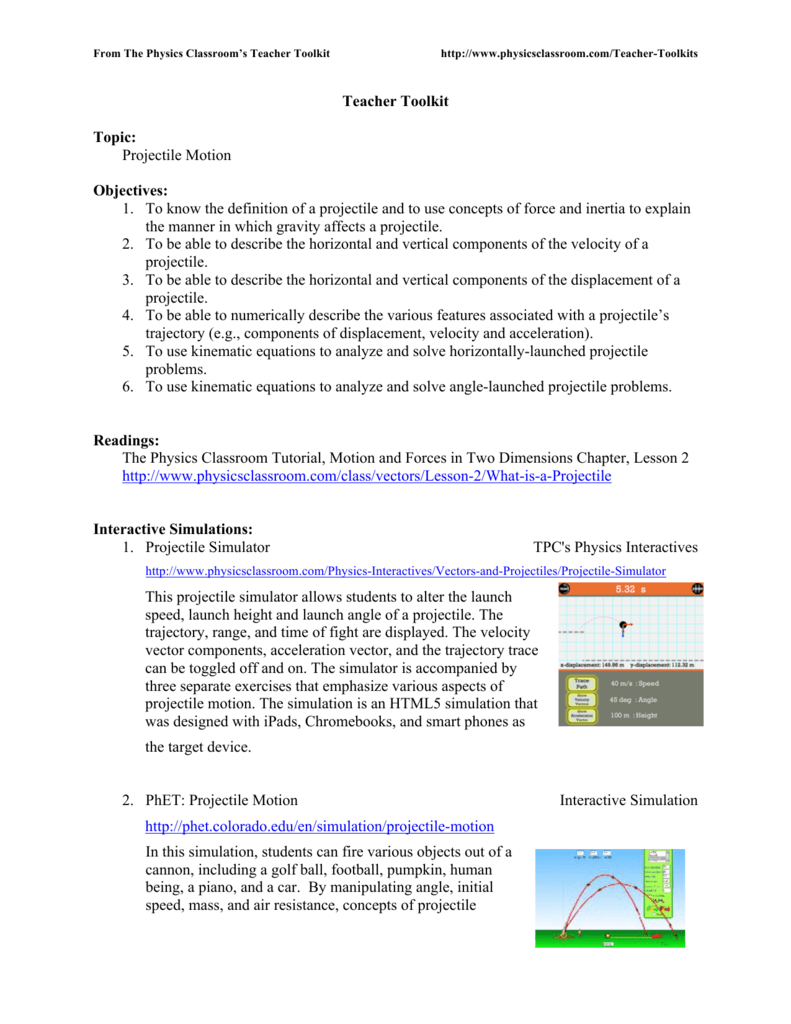 Teacher Toolkit Topic: Projectile Motion