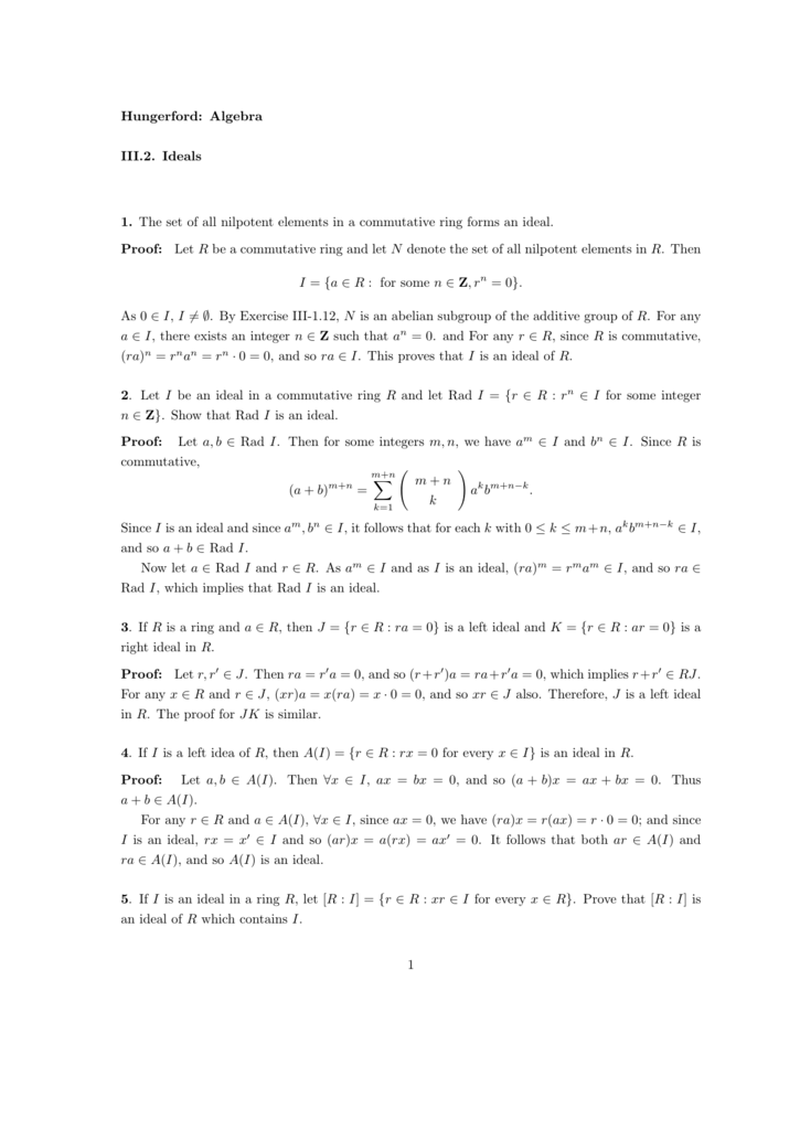 Hungerford Algebra Iii 2 Ideals 1 The Set Of All Nilpotent Elements