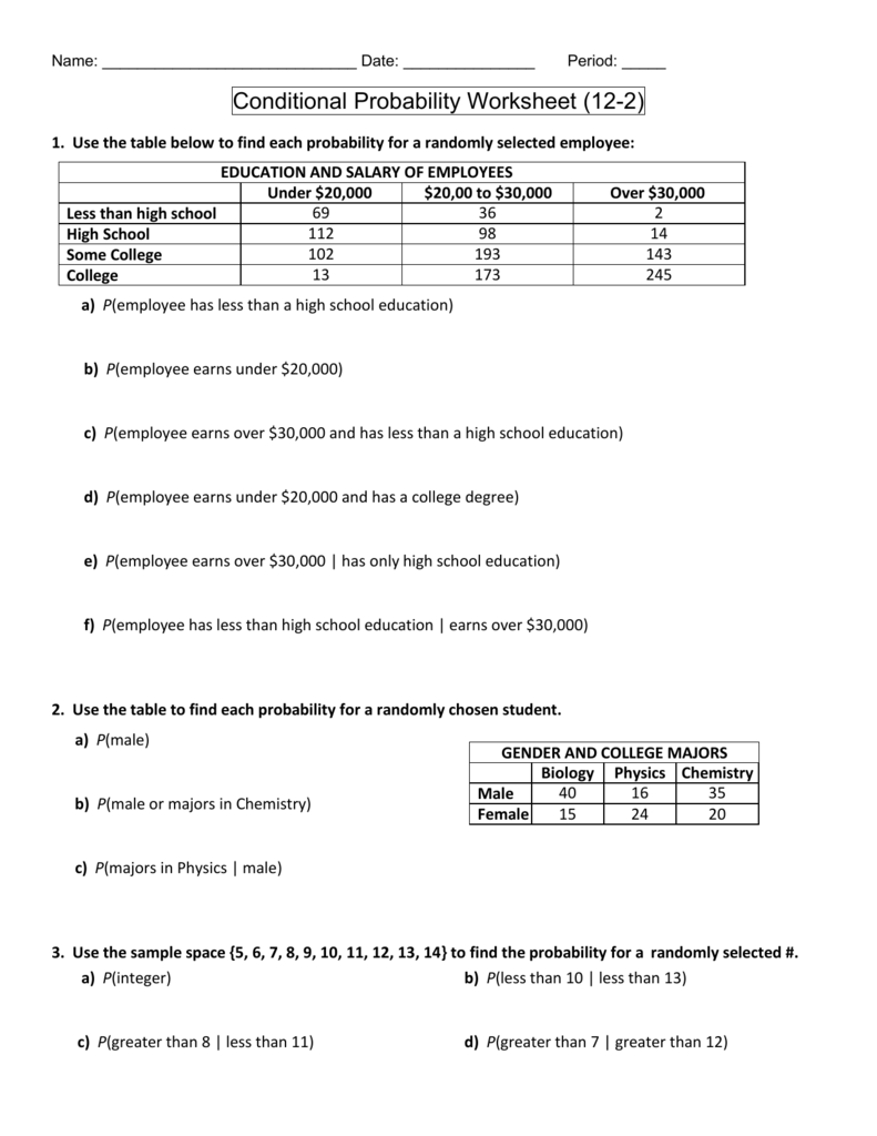 Conditional Probability Worksheet (2222-22) With Regard To Probability Worksheet High School