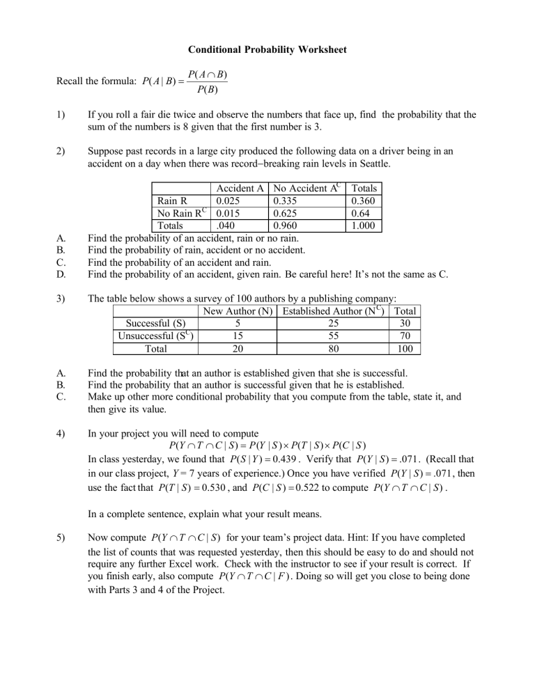 Conditional Probability Worksheet