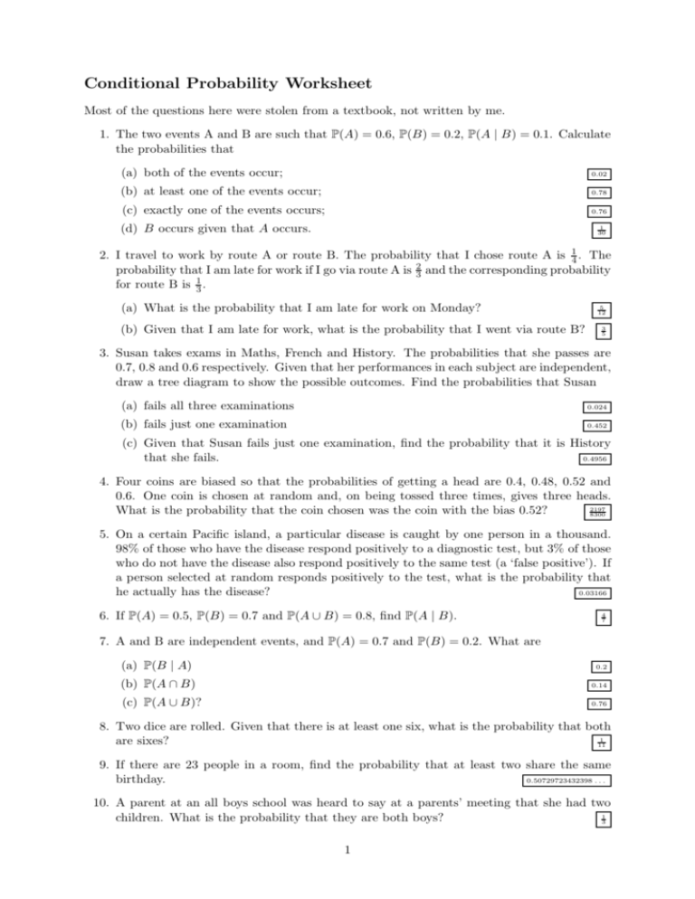 Conditional Probability And Independence Worksheet