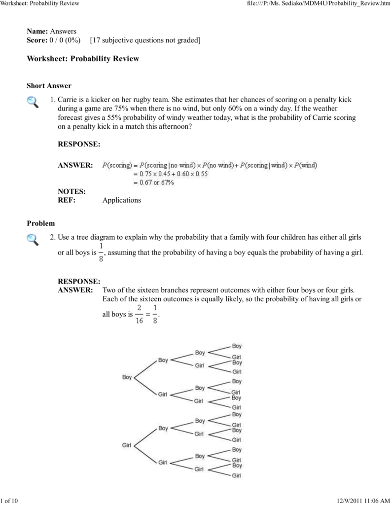 Probability Review Worksheet Answers