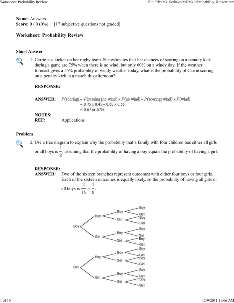 Worksheet Probability Review