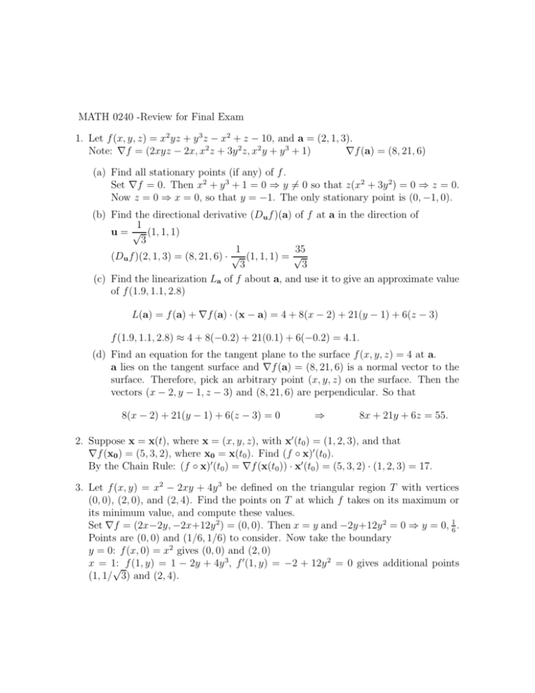 Math 0240 Review For Final Exam 1 Let F X Y Z X 2yz Y 3z X