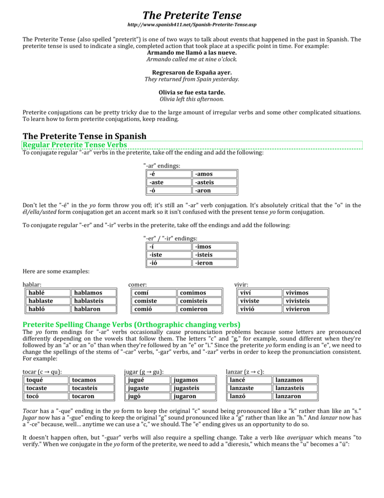 Spanish Preterite Verb Chart