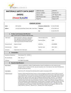 MATERIALS SAFETY DATA SHEET (MSDS) Ethanol (C2H5OH)