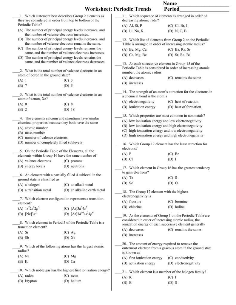 Worksheet: Periodic Trends Throughout Worksheet Periodic Trends Answers