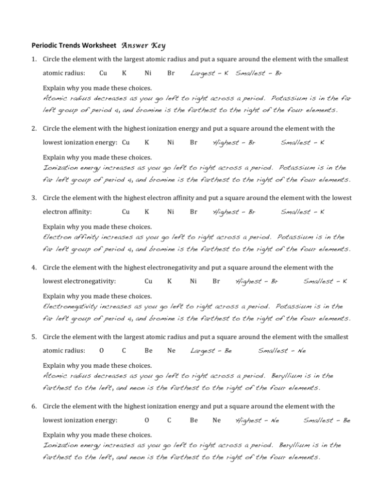 Periodic Trends Worksheet Answers