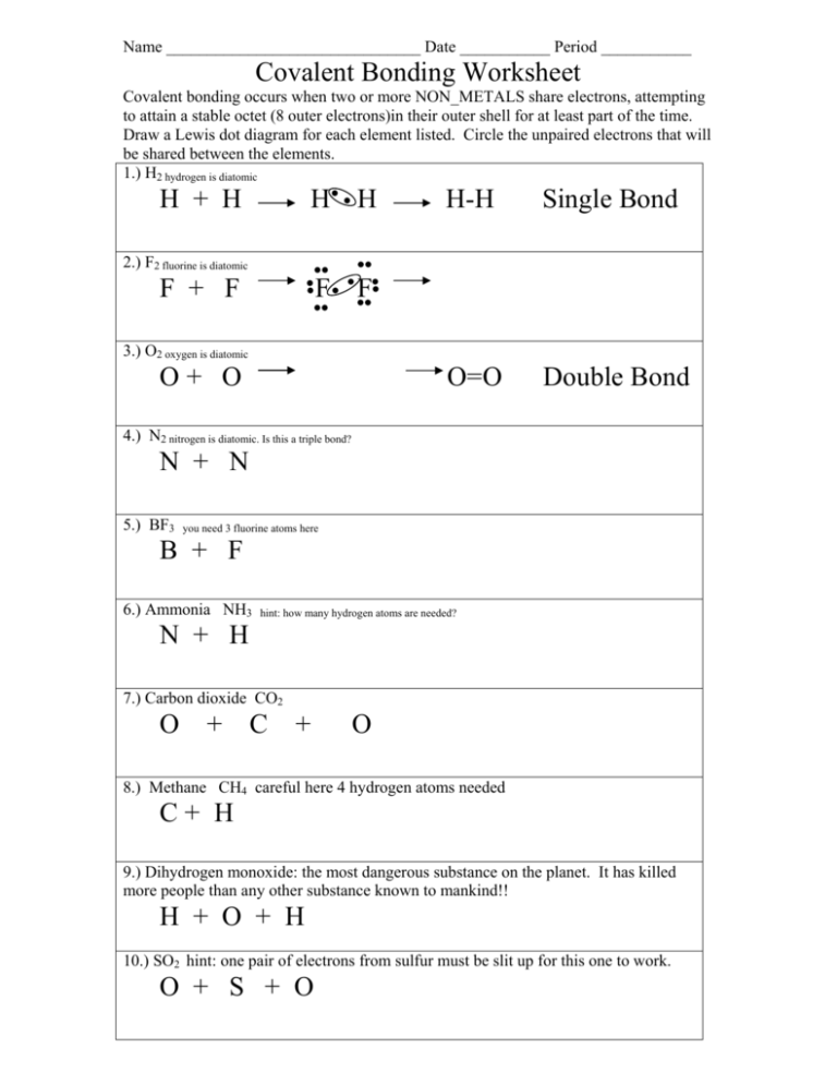 Covalent Bonding Worksheet