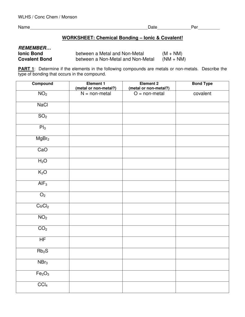 WORKSHEET: Chemical Bonding – Ionic & Covalent! REMEMBER In Chemical Bonds Worksheet Answers