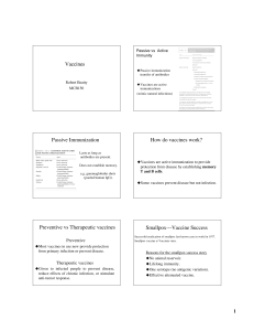 Vaccines Passive Immunization How do vaccines work? Preventive