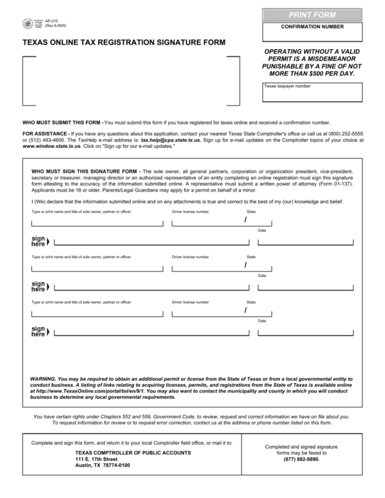 Ap 215 Online Tax Registration Signature