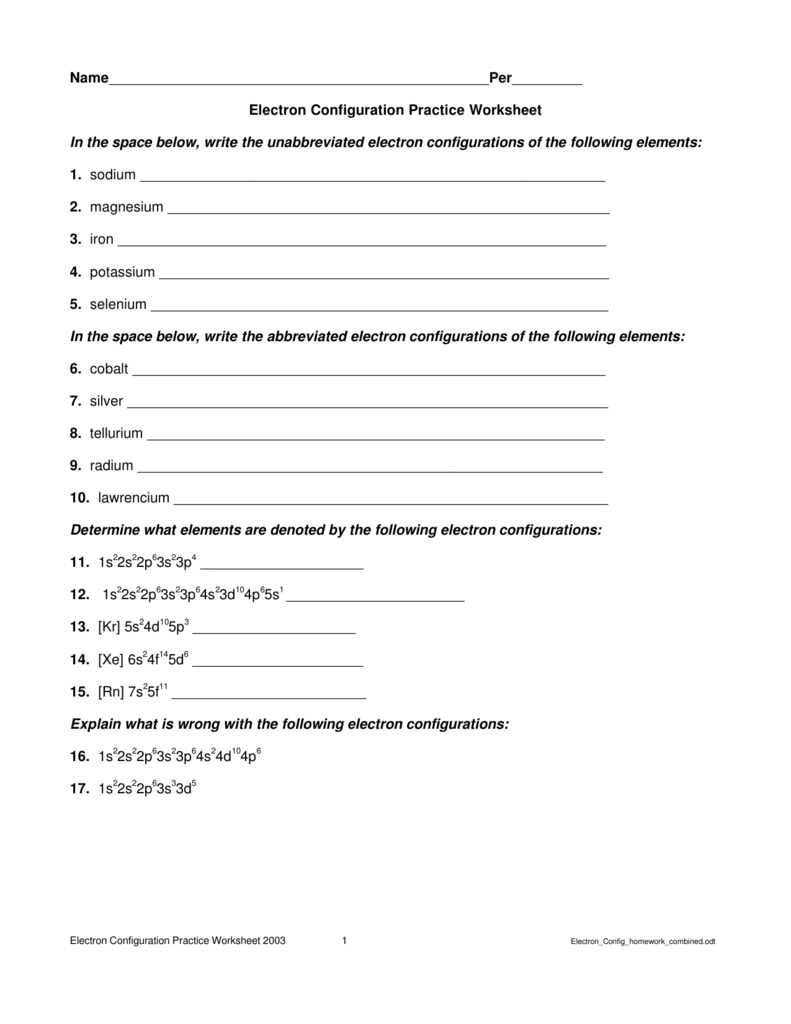 Electron Configuration Practice Worksheet 24 With Regard To Electron Configuration Practice Worksheet