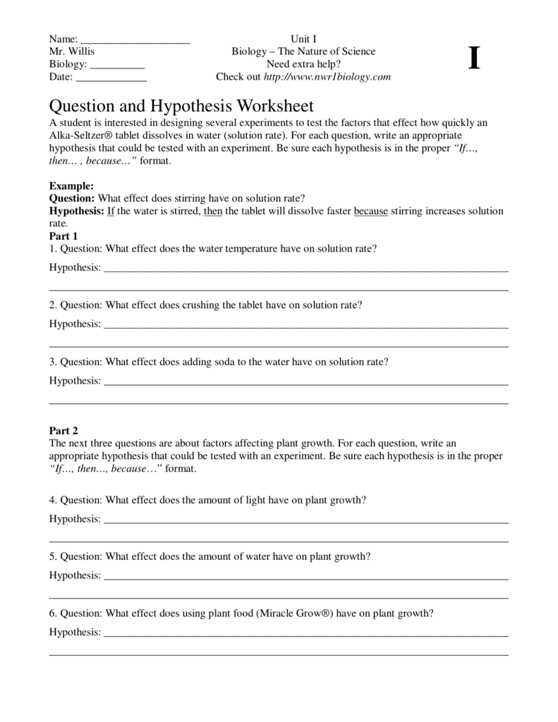 Hypothesis Worksheet Answer Key
