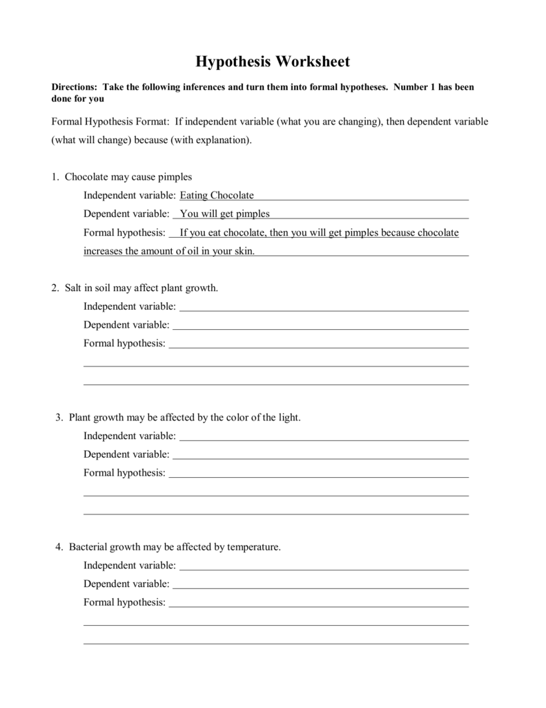 creating hypothesis worksheet