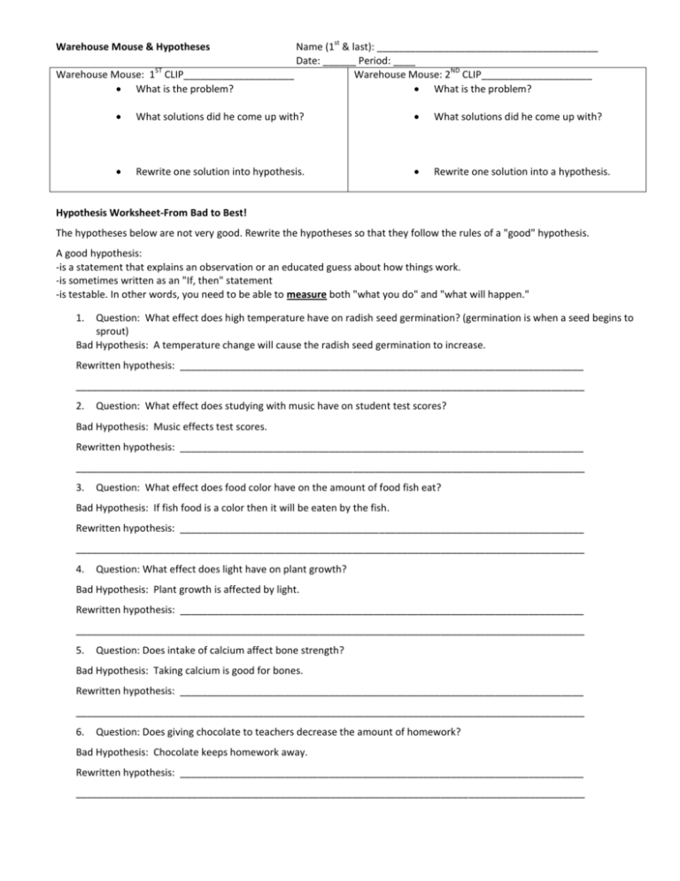 writing hypothesis worksheet pdf