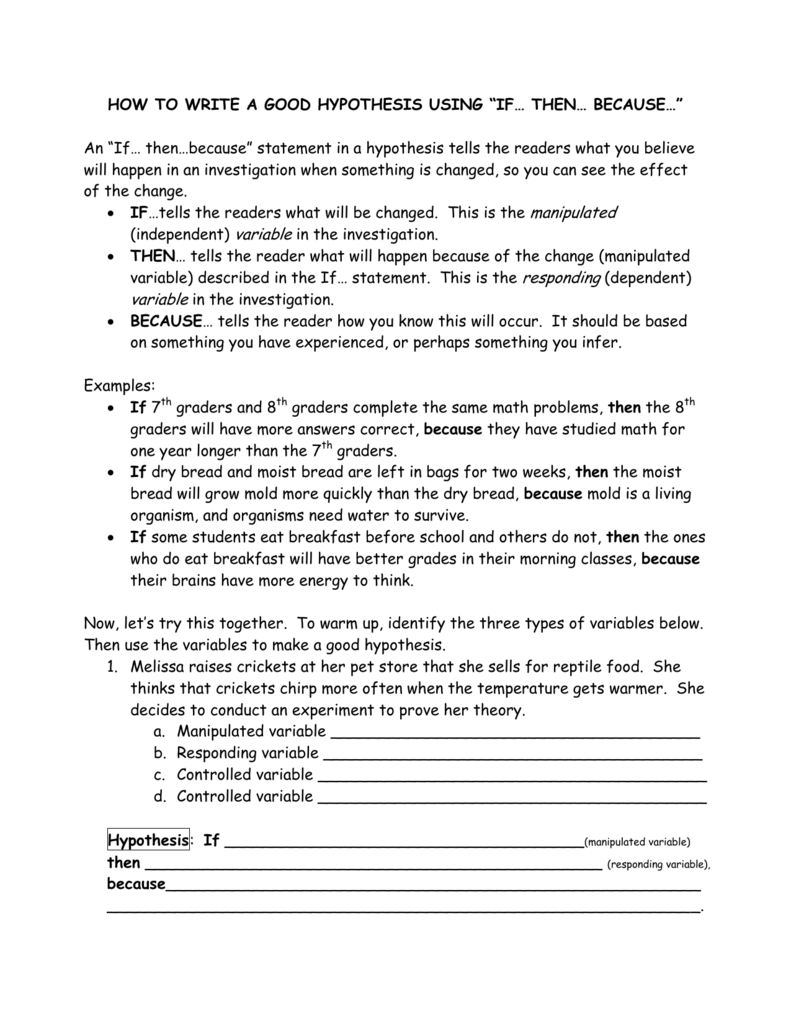 HOW TO WRITE A GOOD HYPOTHESIS USING “IF THEN With Regard To Writing A Hypothesis Worksheet