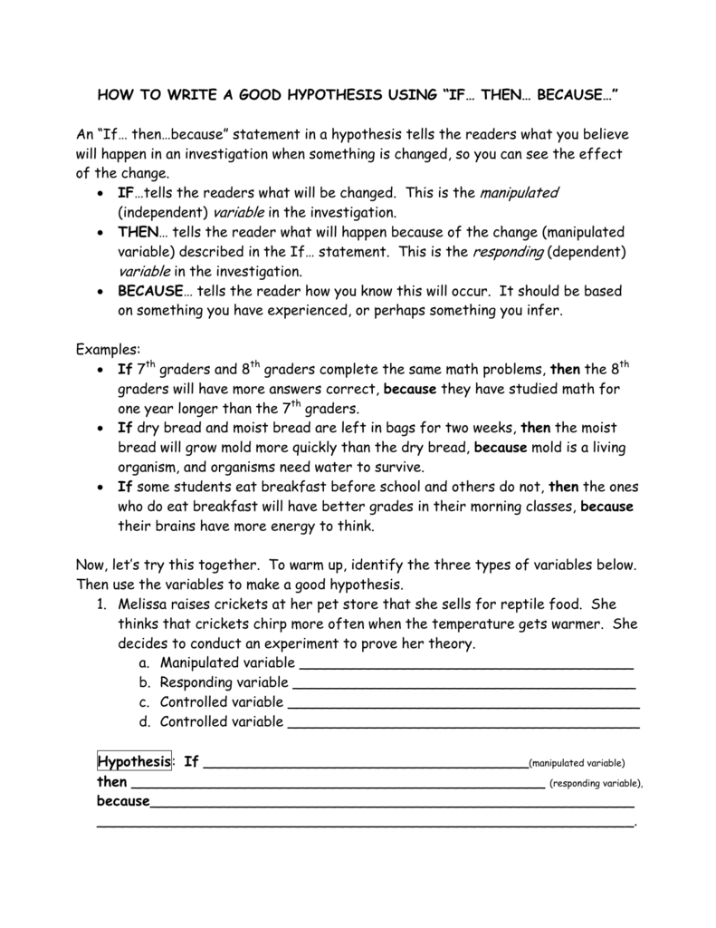 HOW TO WRITE A GOOD HYPOTHESIS USING “IF THEN Regarding Writing A Hypothesis Worksheet