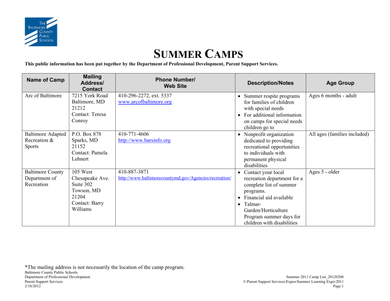 Summer Camp List Baltimore County Public Schools
