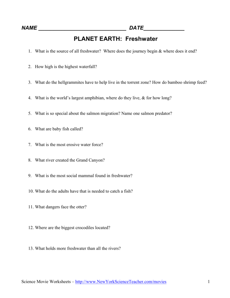 PLANET EARTH: Freshwater Pertaining To Planet Earth Freshwater Worksheet