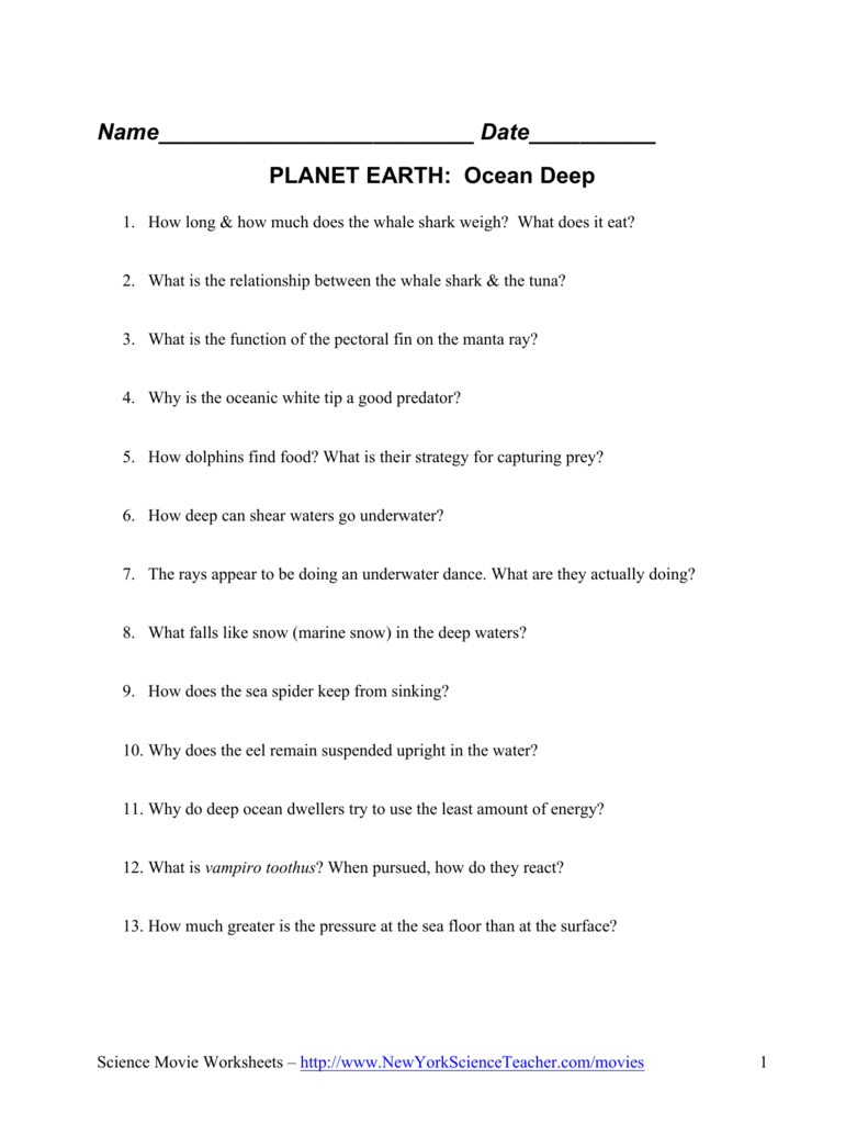 Name_________________________ Date__________ PLANET Within Planet Earth Ocean Deep Worksheet