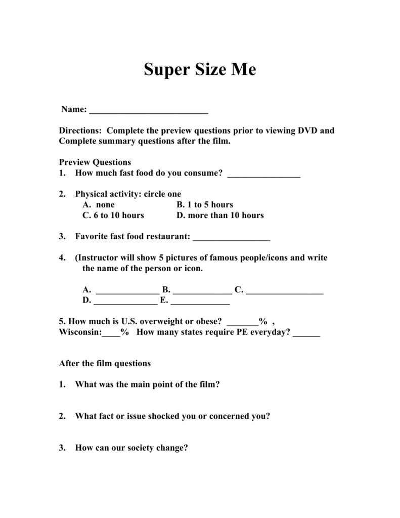 Super Size Me Film Guide In Super Size Me Video Worksheet