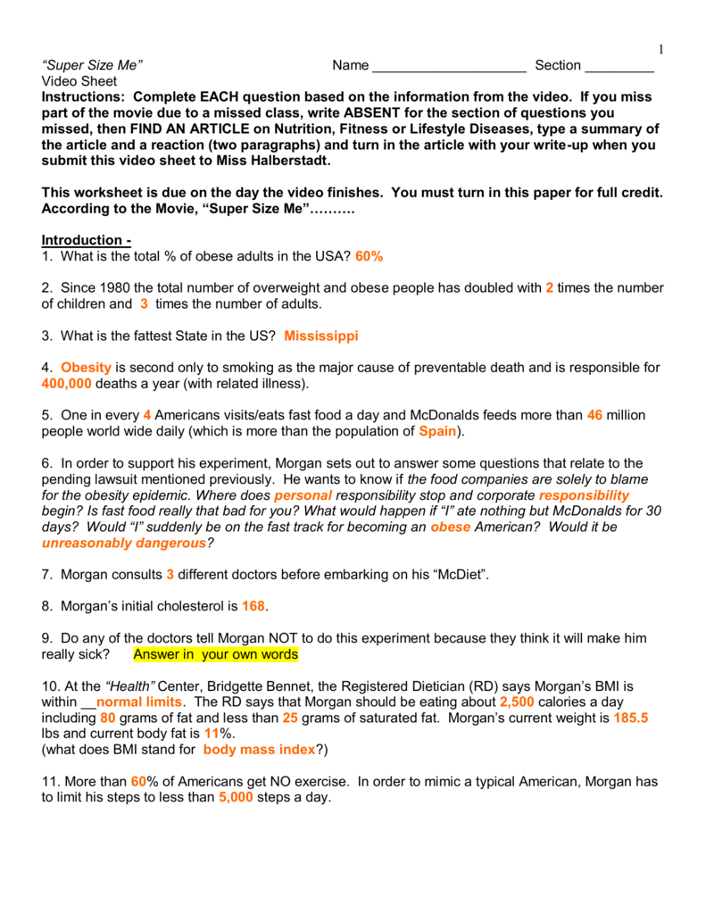 Super Size Me Pertaining To Super Size Me Worksheet Answers