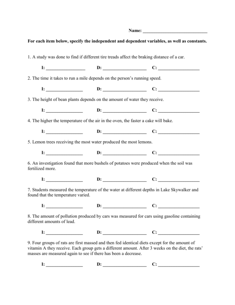 Identifying Variables Worksheet Answers