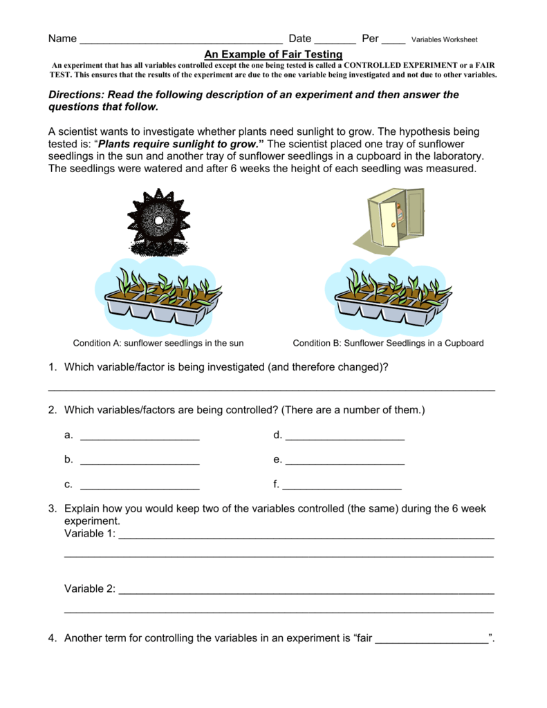 Per ____ Variables Worksheet An Example of Fair Testing Regarding Experimental Variables Worksheet Answers