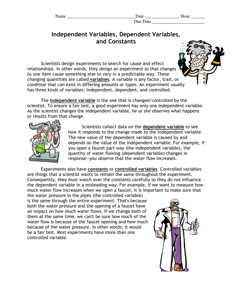 Independent Variables, Dependent Variables, and Constants Intended For Independent And Dependent Variables Worksheet