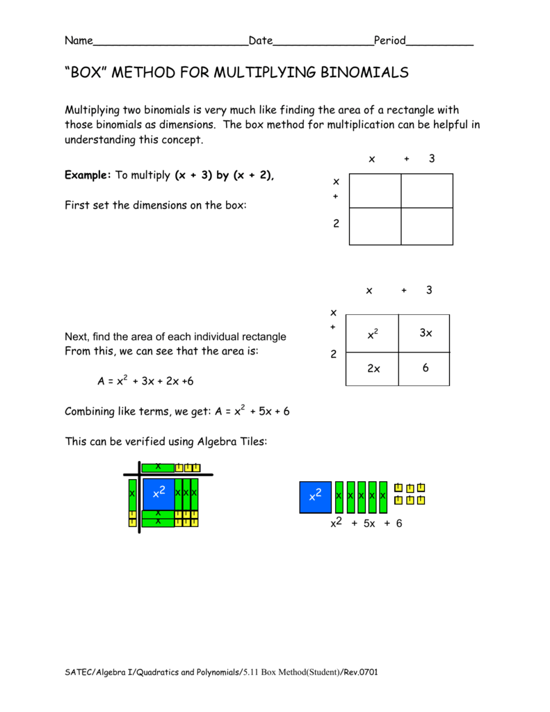 box” method for multiplying binomials For Box Method Multiplication Worksheet