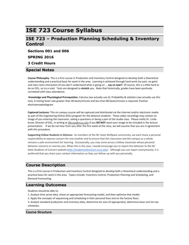 NCSU Course Syllabus ISE 408 001