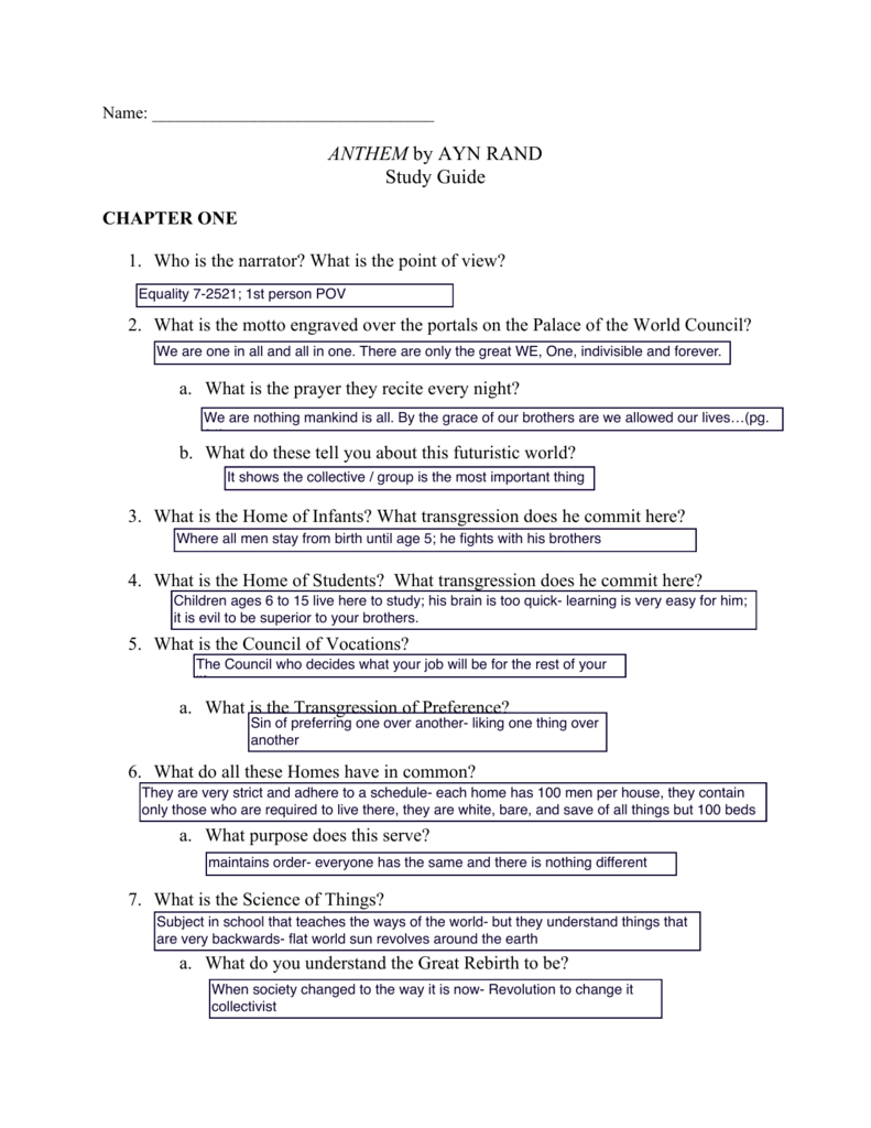 Anthem Lesson Plans And Study Guide Answer Key - Study Poster